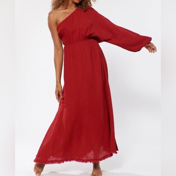 Red Carter Julia One Shoulder Gauze Maxi Dress Cover Up - Picture 2 of 9